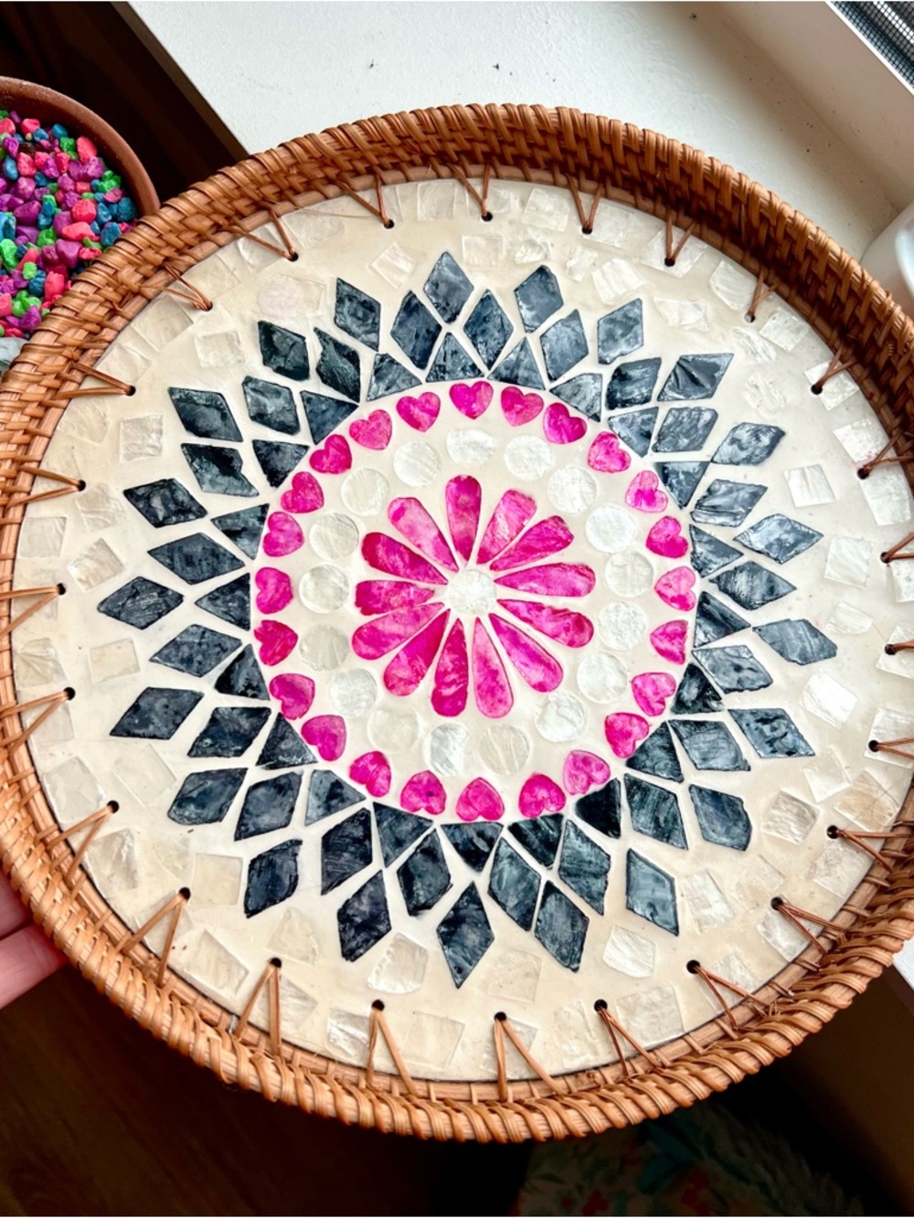 Handmade Mosaic Woven Tray — Pink & Black Floral Medallion